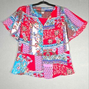 Chico's Women's Size 0 (4-6) Floral Patchwork‎ Peplum Flutter Sleeve Lined Shirt
